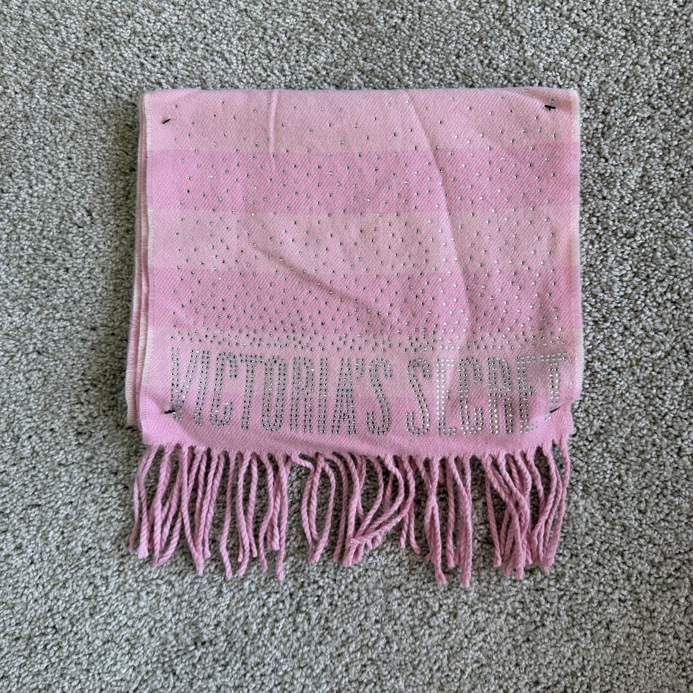 Victoria's Secret Scarf Womens One Size Pink Stripe Rhinestone Logo Fringe